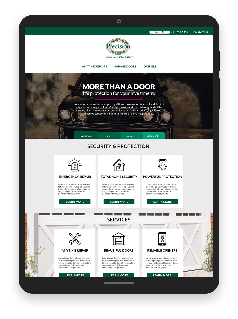 Precision Garage Door website design on a tablet